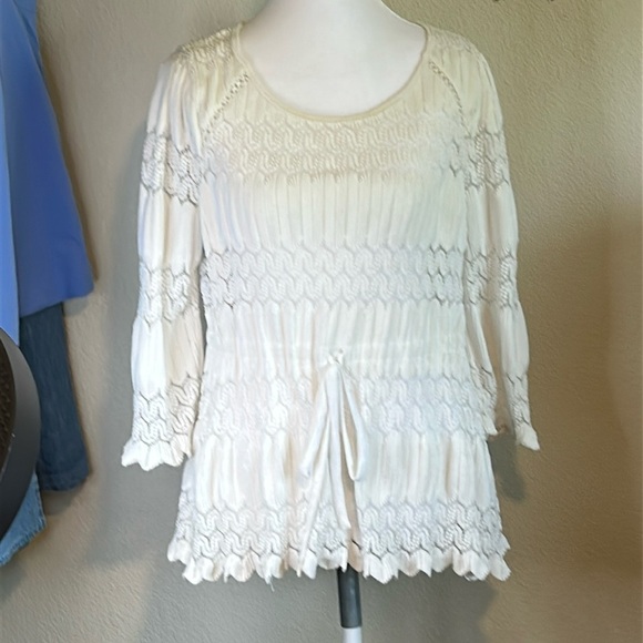 FREE PEOPLE FIRE ISLAND WHITE  KNIT CROCHET DRAWSTRING WAIST TUNIC TOP SIZE M - Picture 3 of 15